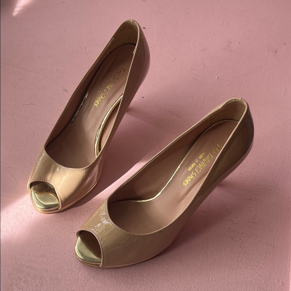 Glossy Nude Peep-Toe Heels by